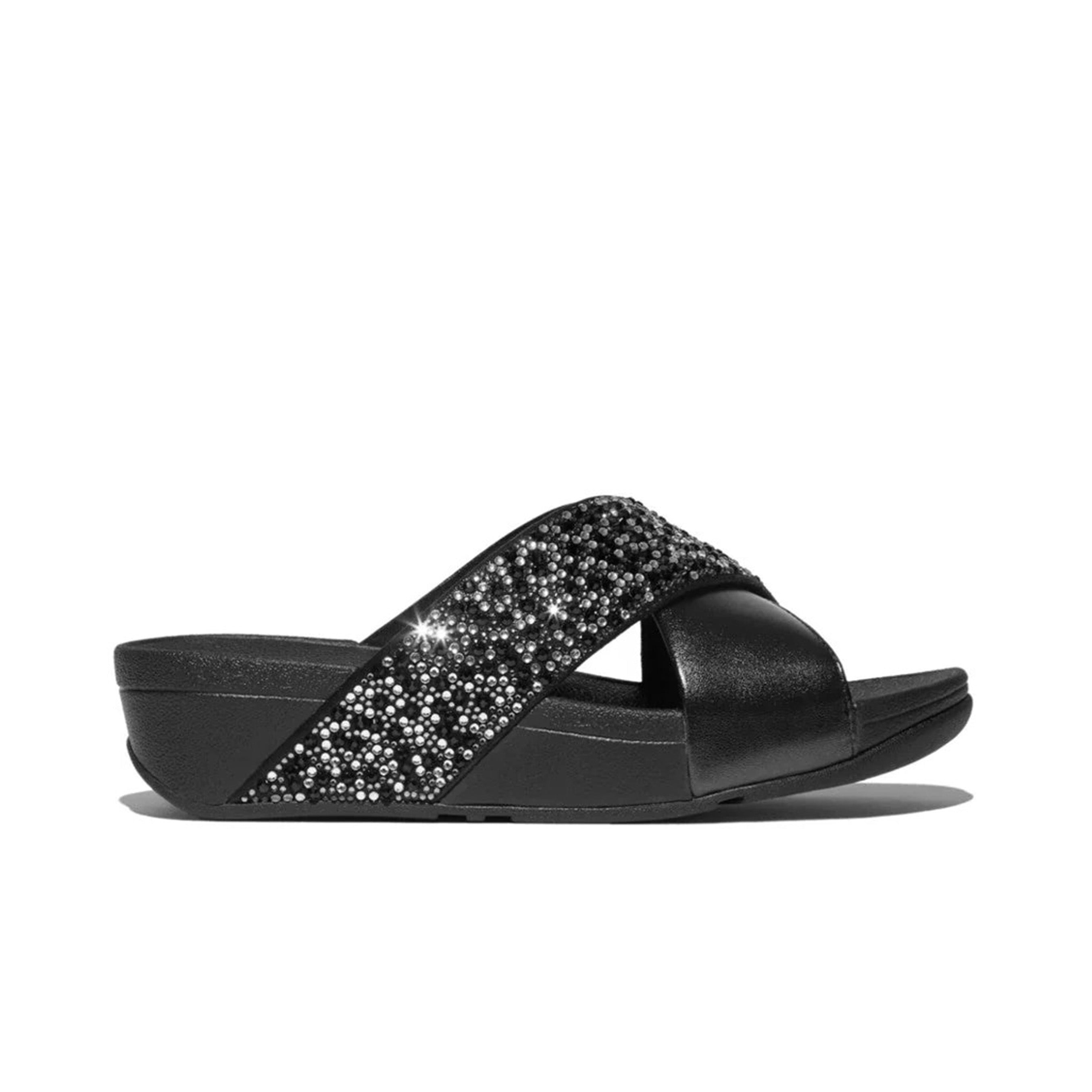 Fitflop Lulu Crystal-Mix Metallic Cross Slides #color_Black