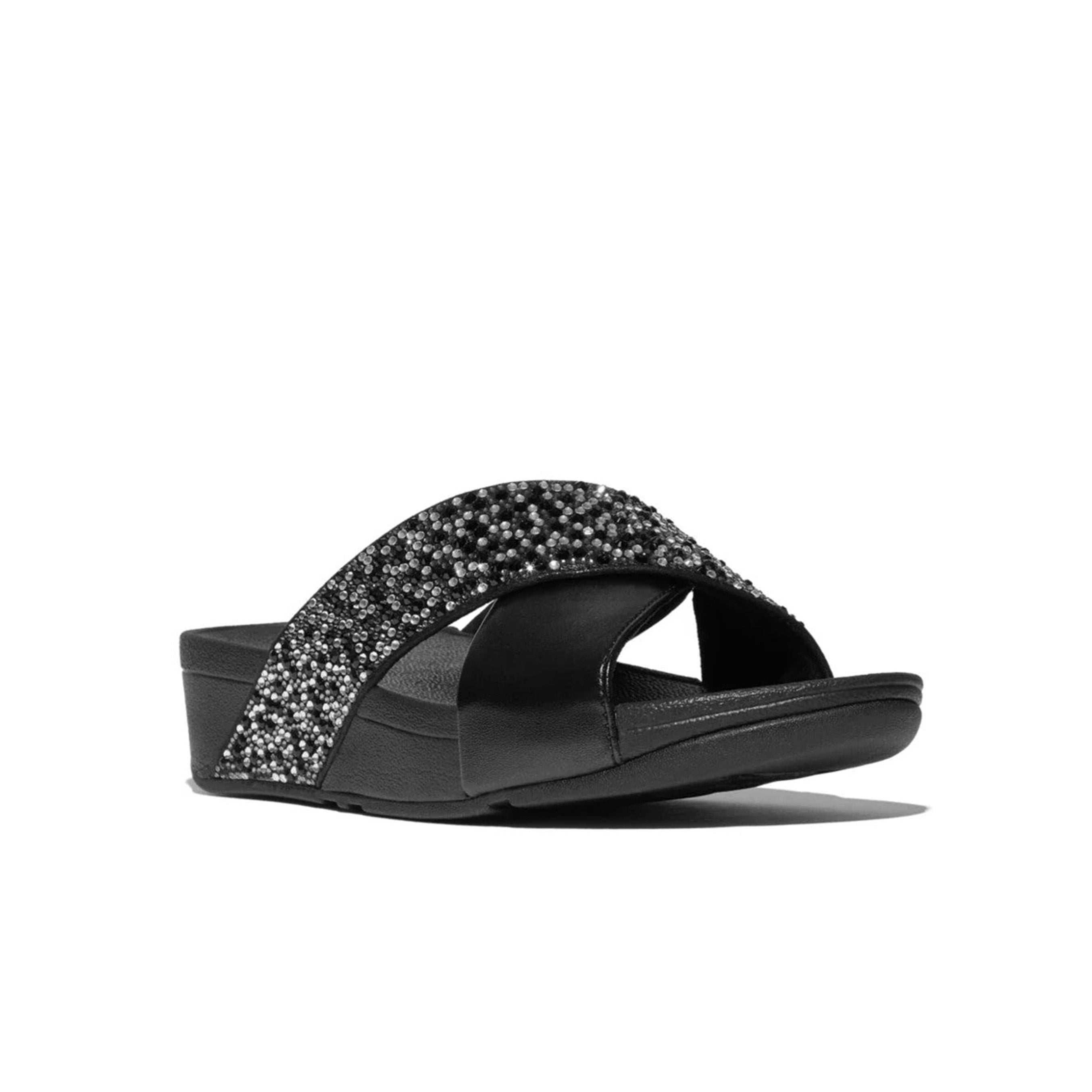 Fitflop Lulu Crystal-Mix Metallic Cross Slides #color_Black