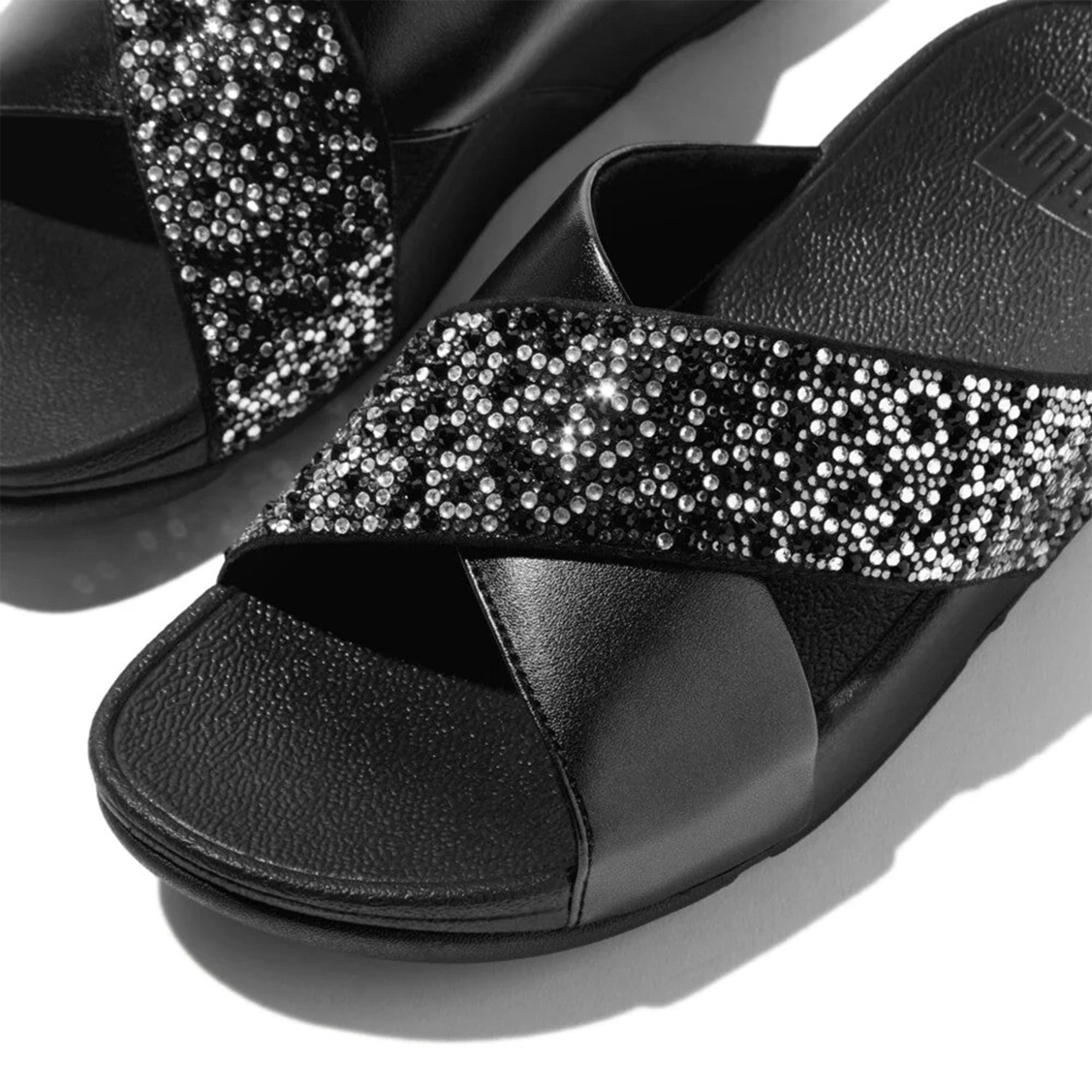 Fitflop Lulu Crystal-Mix Metallic Cross Slides #color_Black