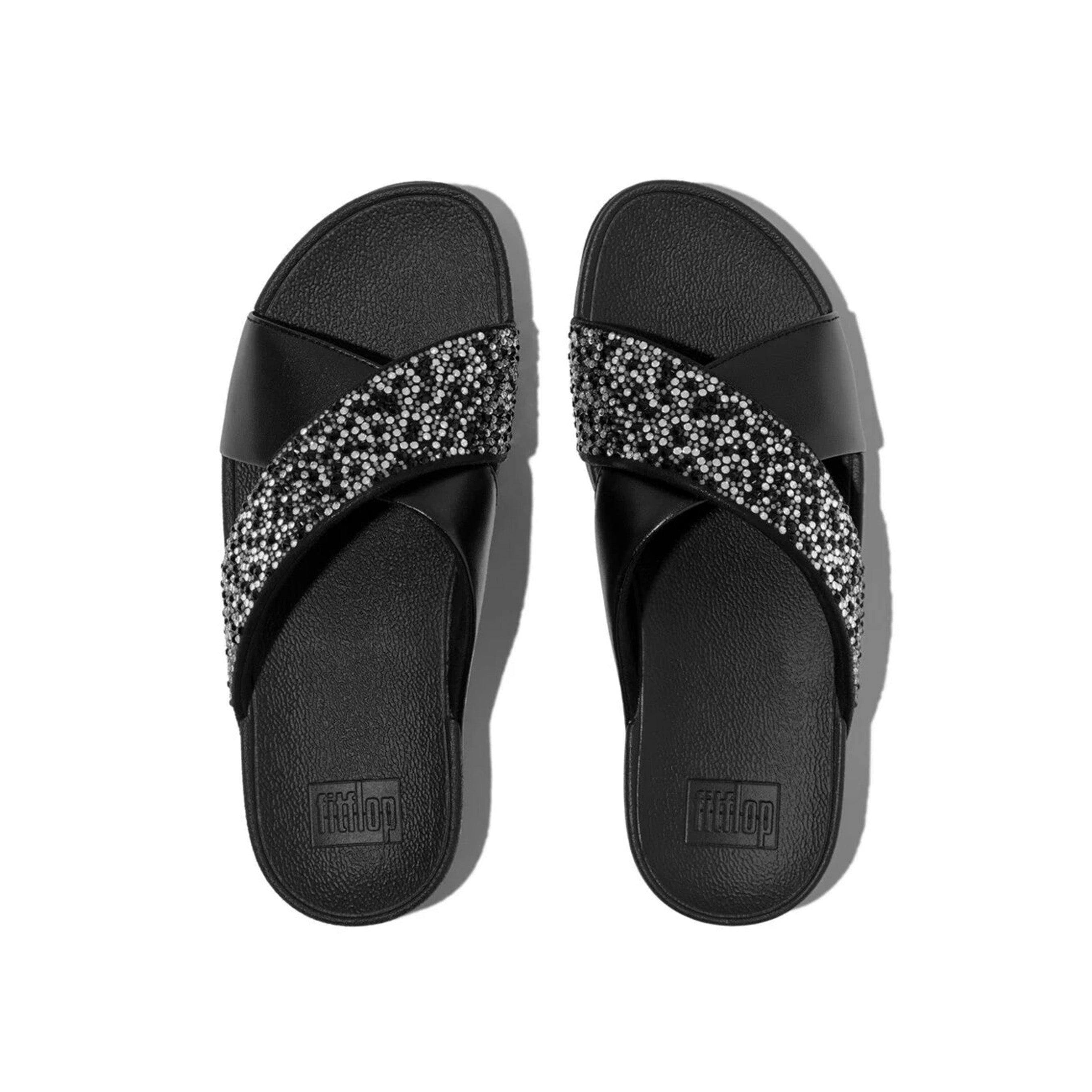 Fitflop Lulu Crystal-Mix Metallic Cross Slides #color_Black