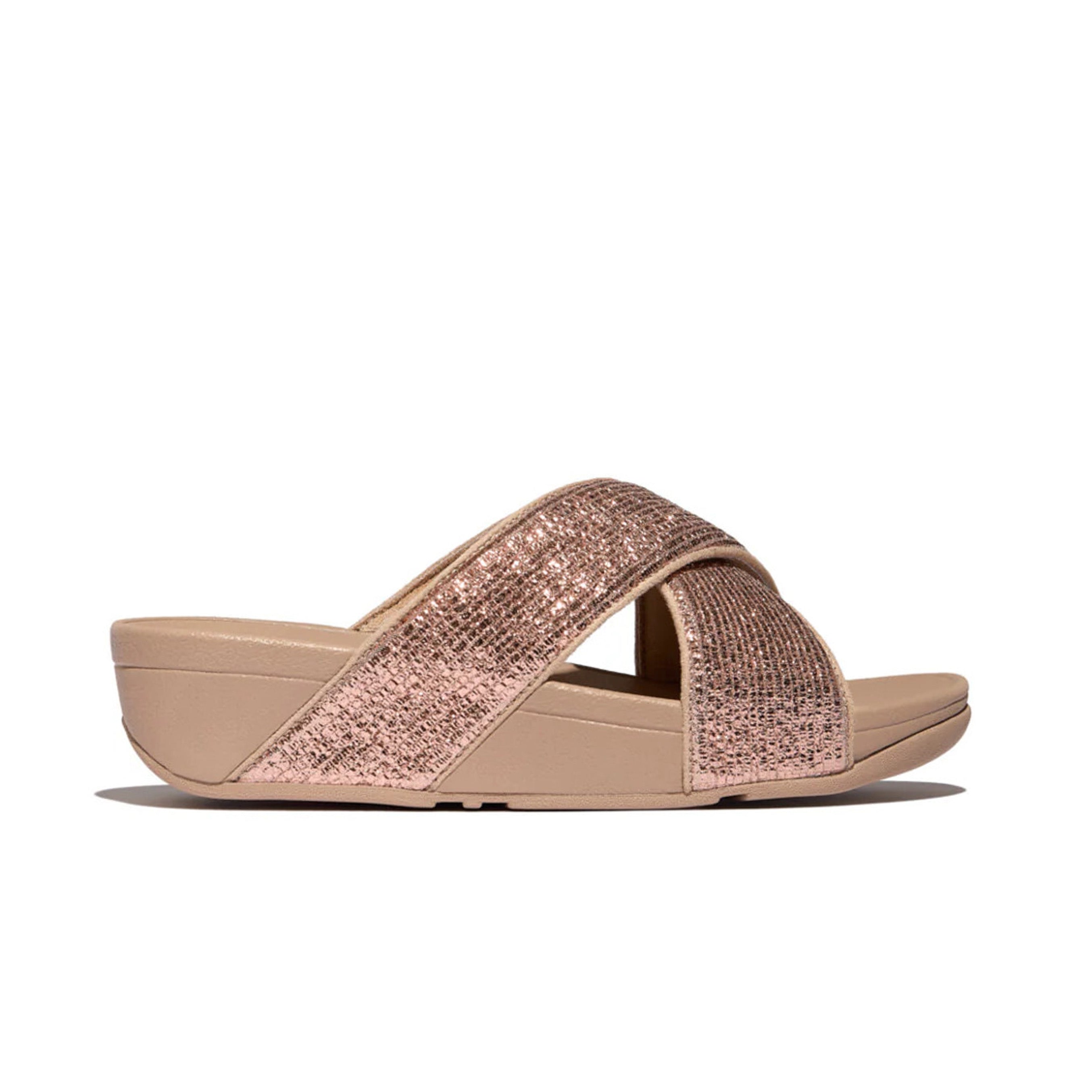 Fitflop Lulu Crinkled-Shimmer Cross Slides #color_Beige