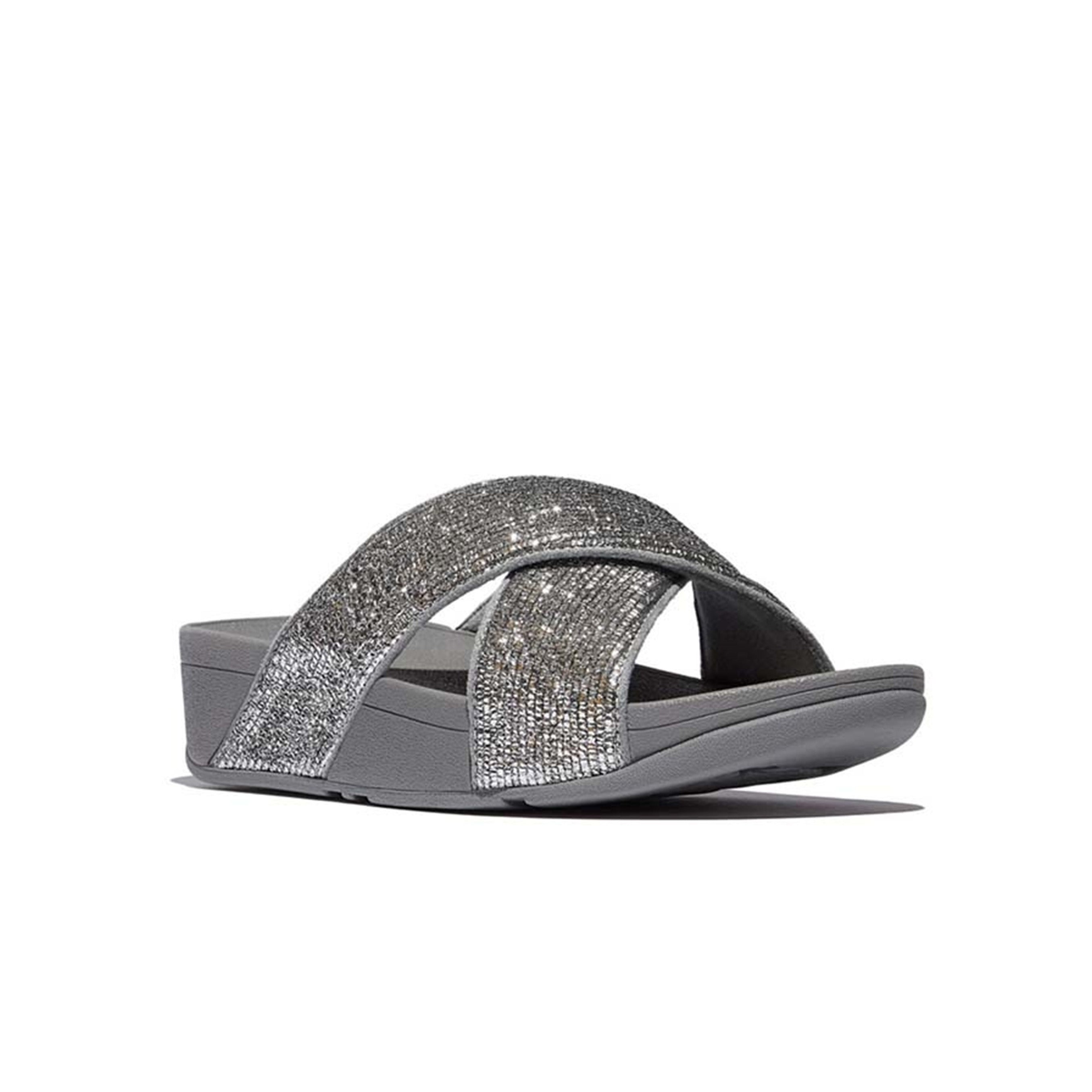 Fitflop Lulu Crinkled-Shimmer Cross Slides #color_Silver