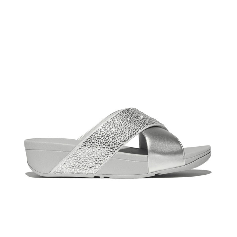Fitflop Lulu Crystal-Mix Metallic Cross Slides #color_Silver