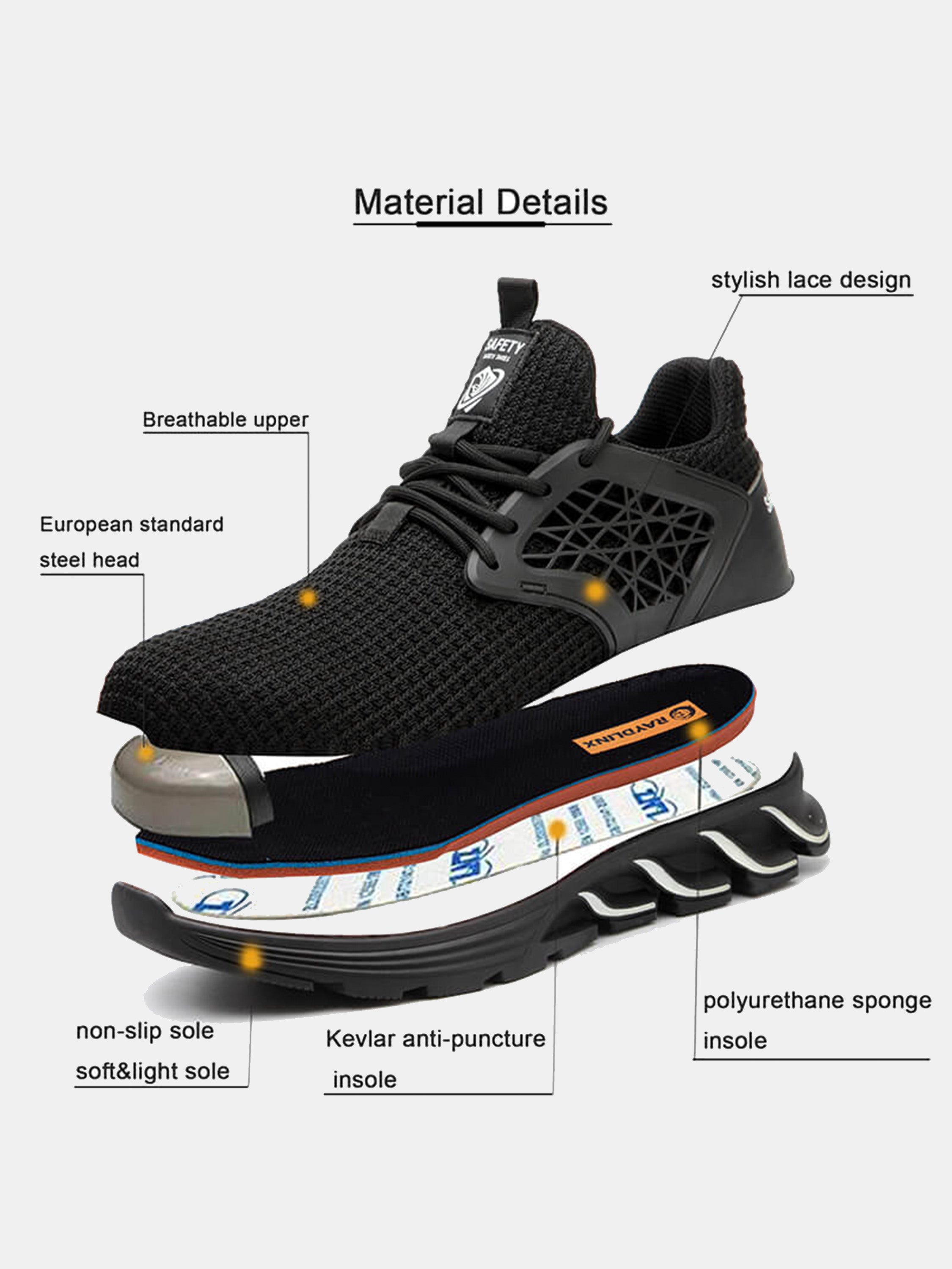 Raydlinx Men's F18 Steel Toe Lightweight Safety Shoes #color_Black