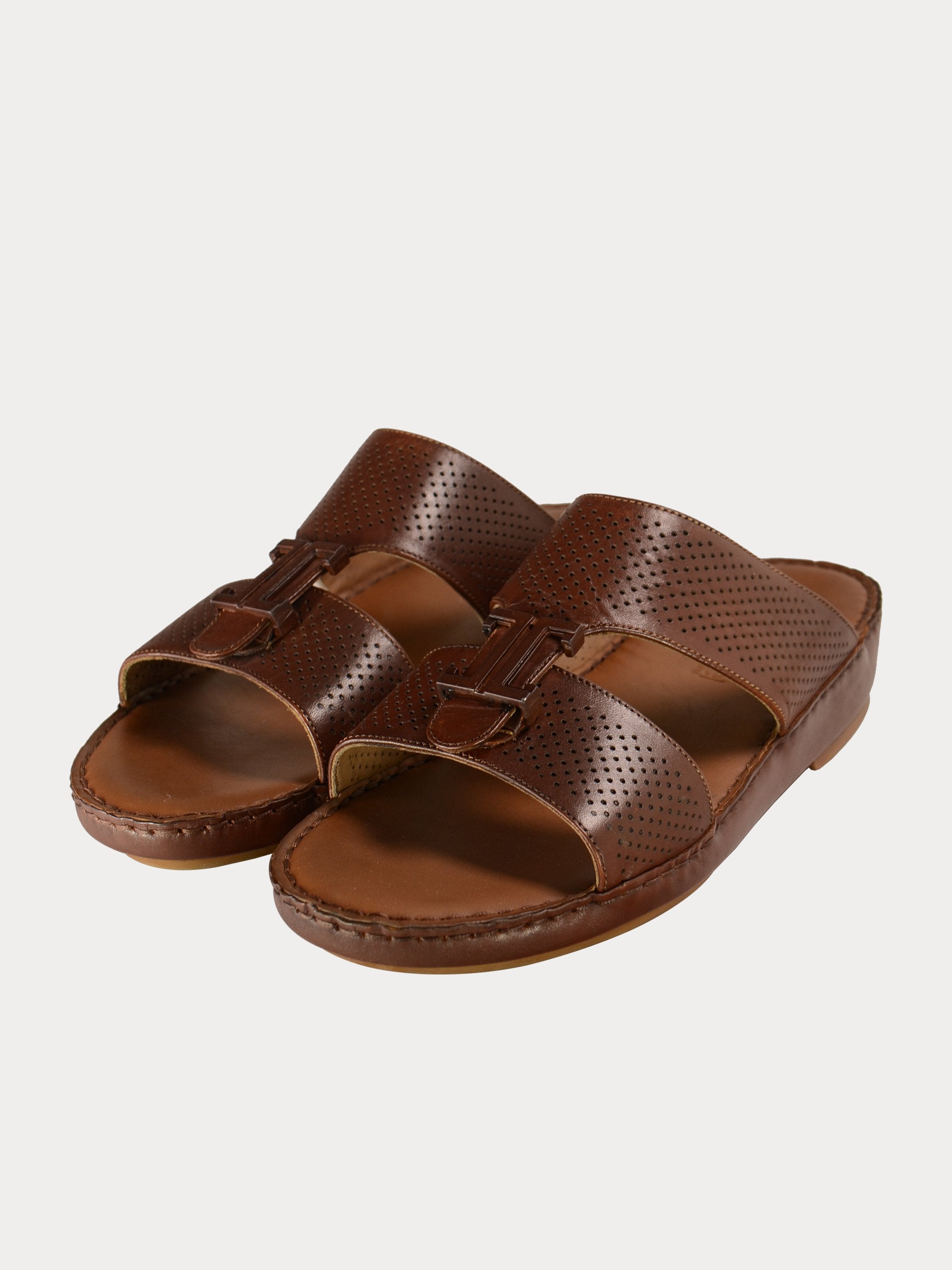 Barjeel Uno 004111 Perforated Strap Arabic Leather Sandals #color_Brown