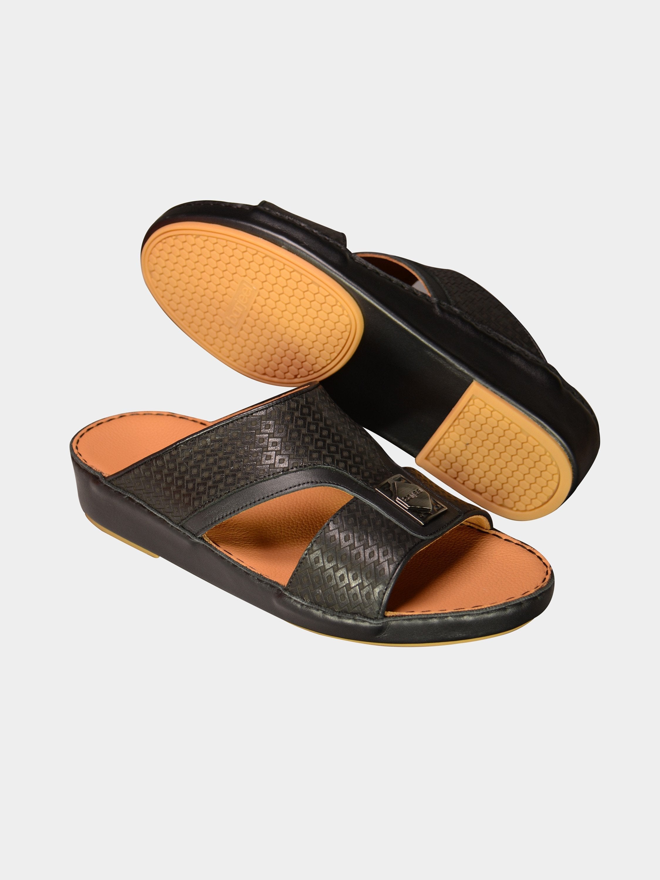 Barjeel Uno 001928 Square Textured Arabic Leather Sandals #color_Black