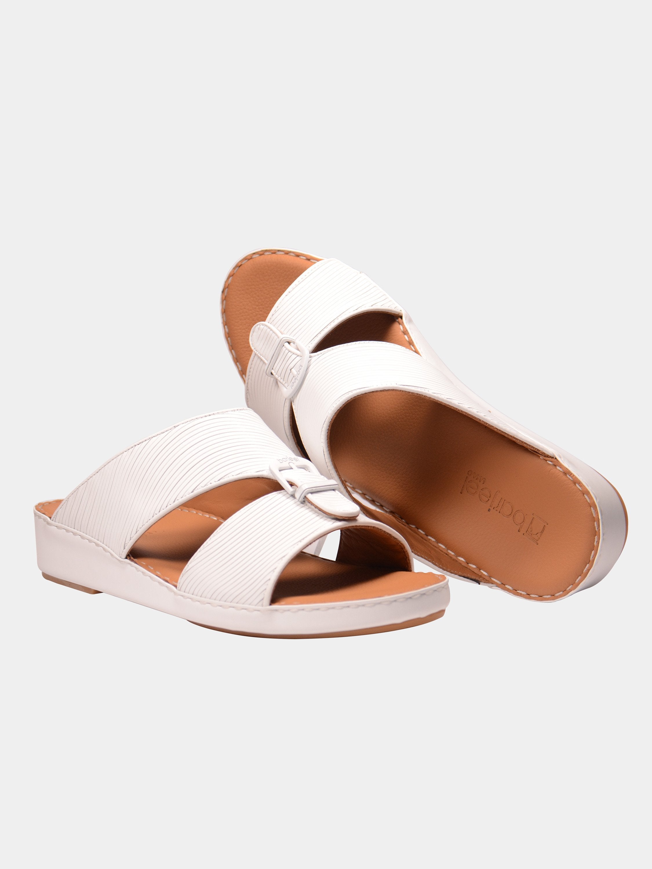 Barjeel Uno 001942 Textured Buckle Arabic Leather Sandals #color_White