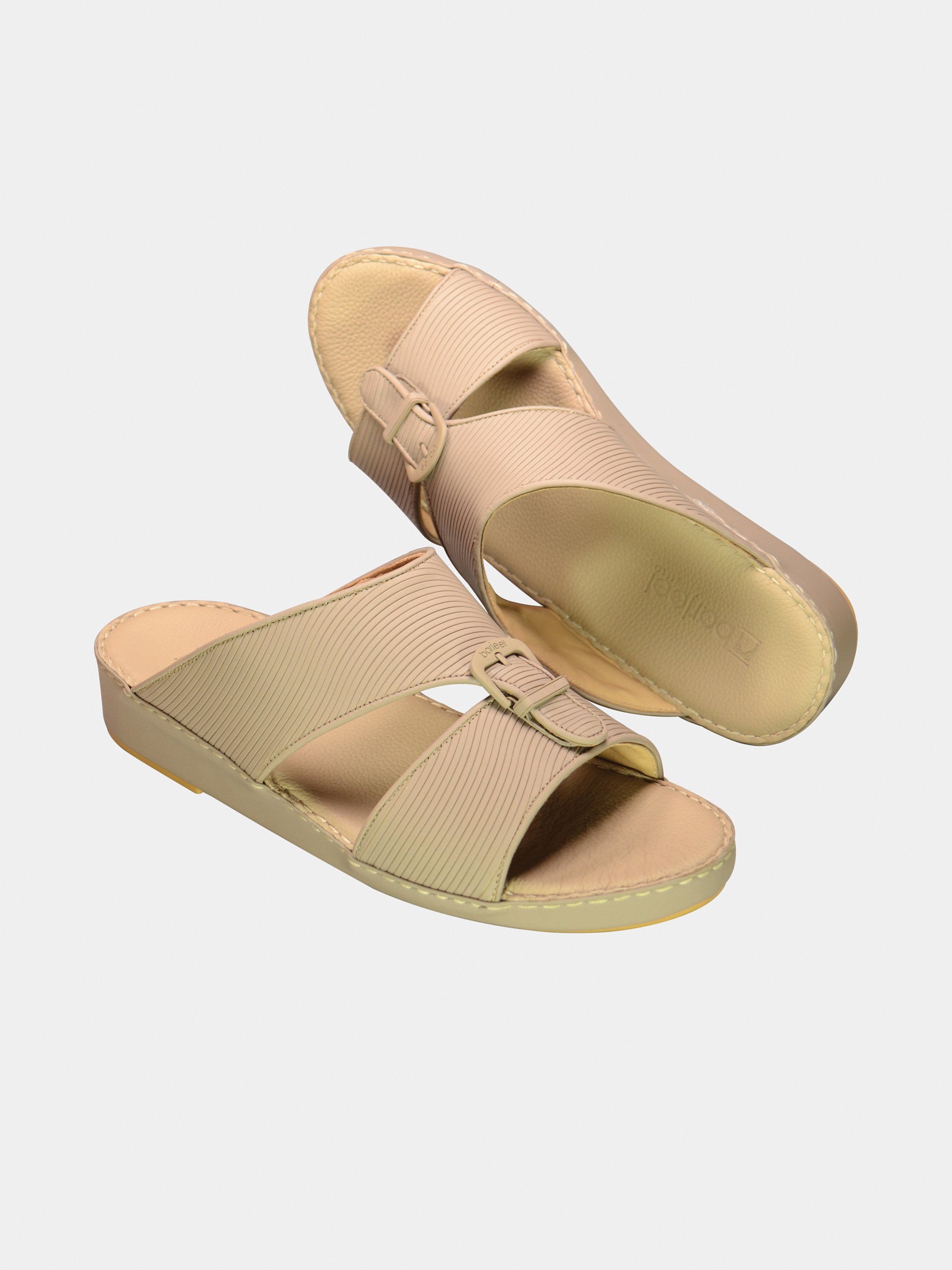 Barjeel Uno 001942 Textured Buckle Arabic Leather Sandals #color_Beige