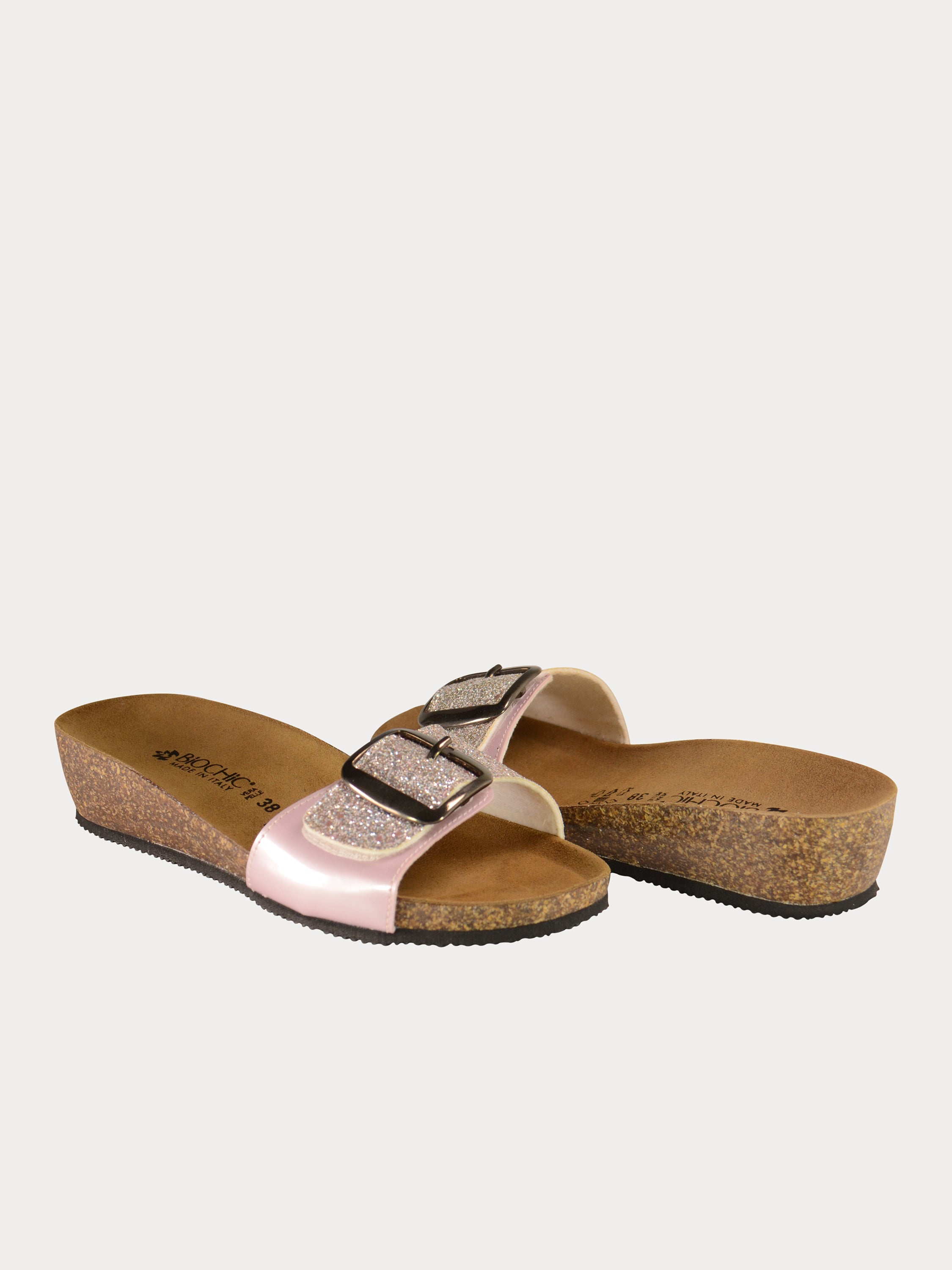 Biochic Women Center Buckle Slider Sandals in Patent Leather #color_Pink