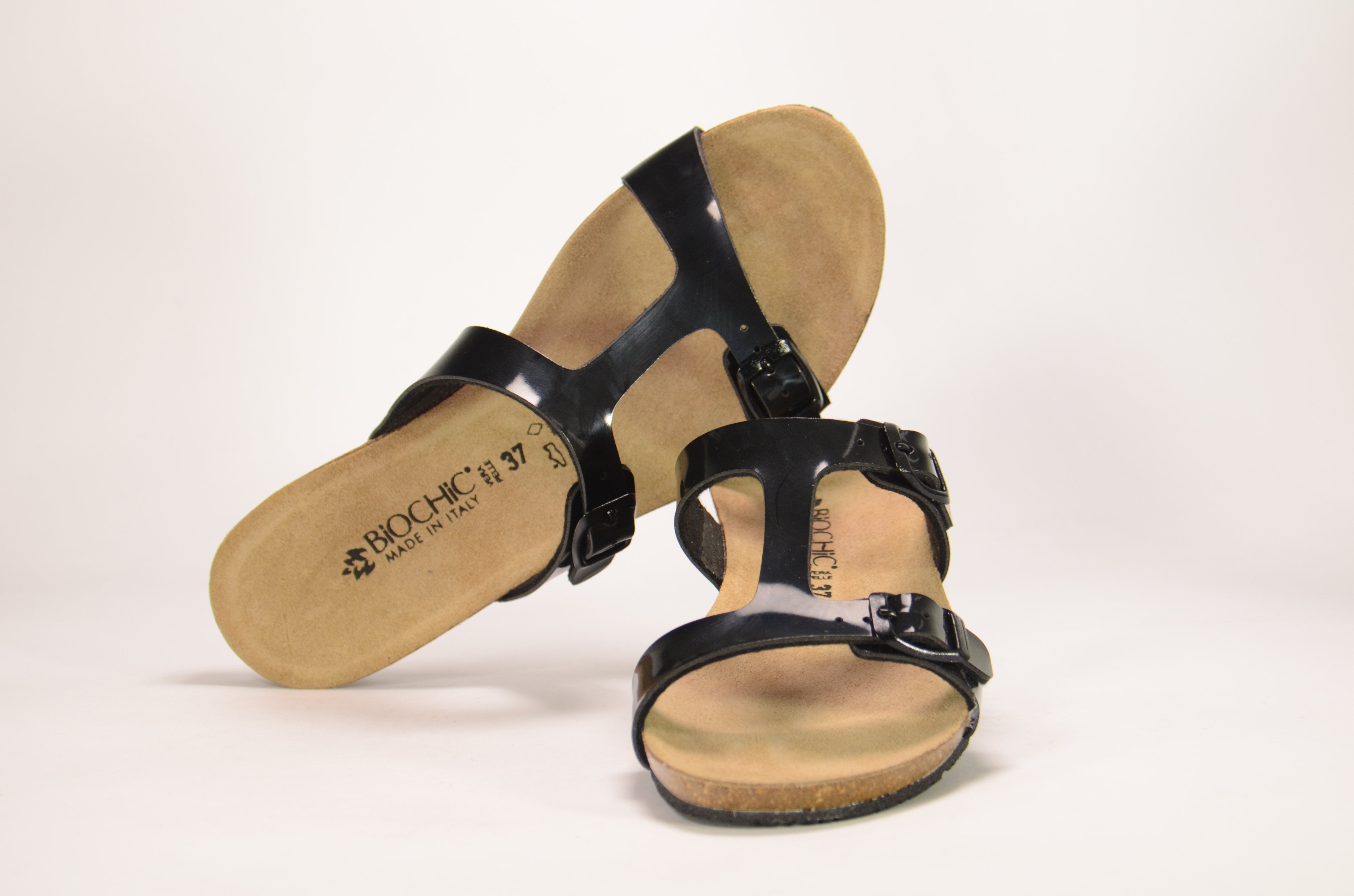Biochic Women Dual Strap Metallic Flat Sandals #color_Black