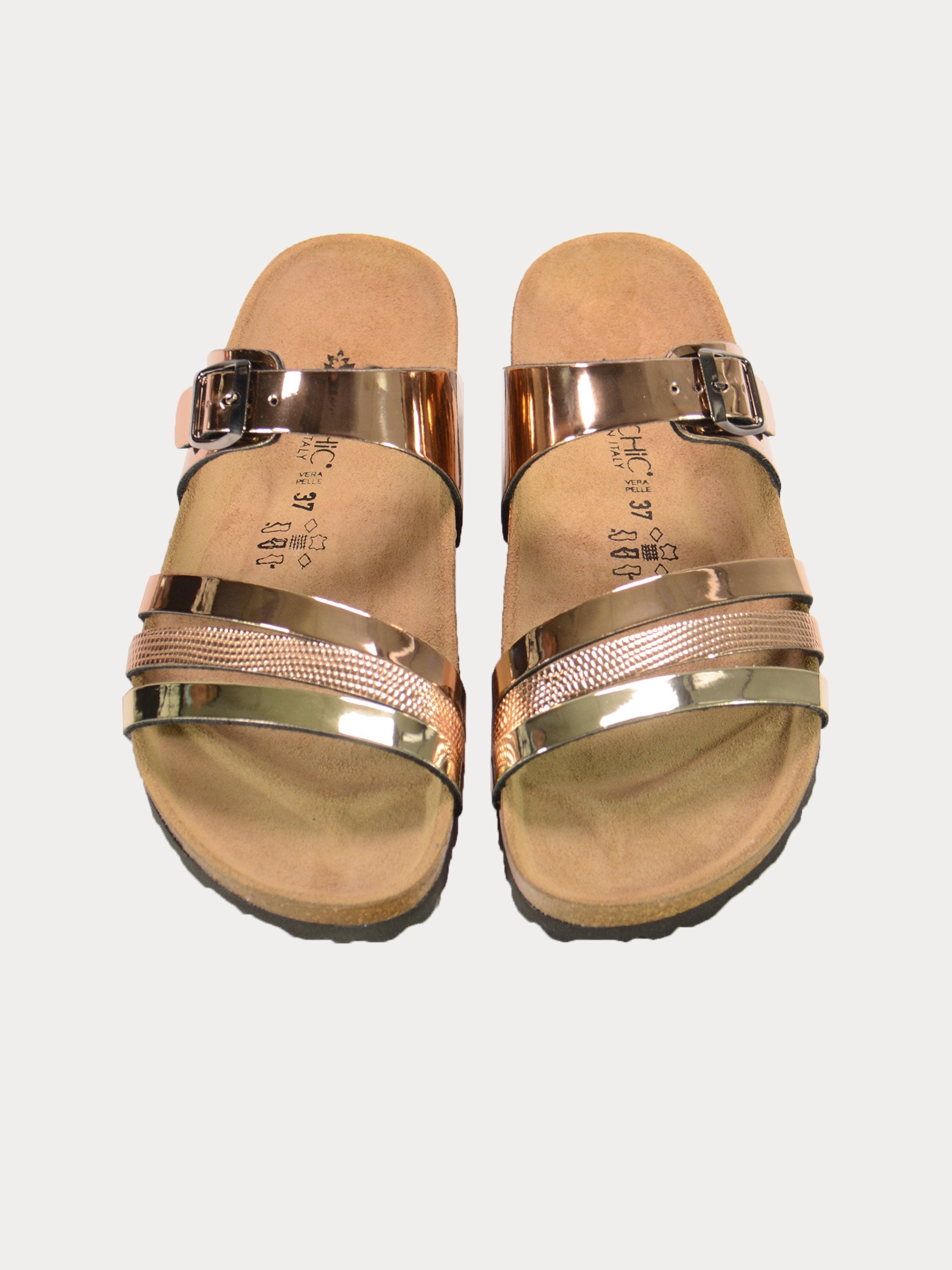 Biochic Women Multi Strap Patent Finish Flat Sandals #color_Gold