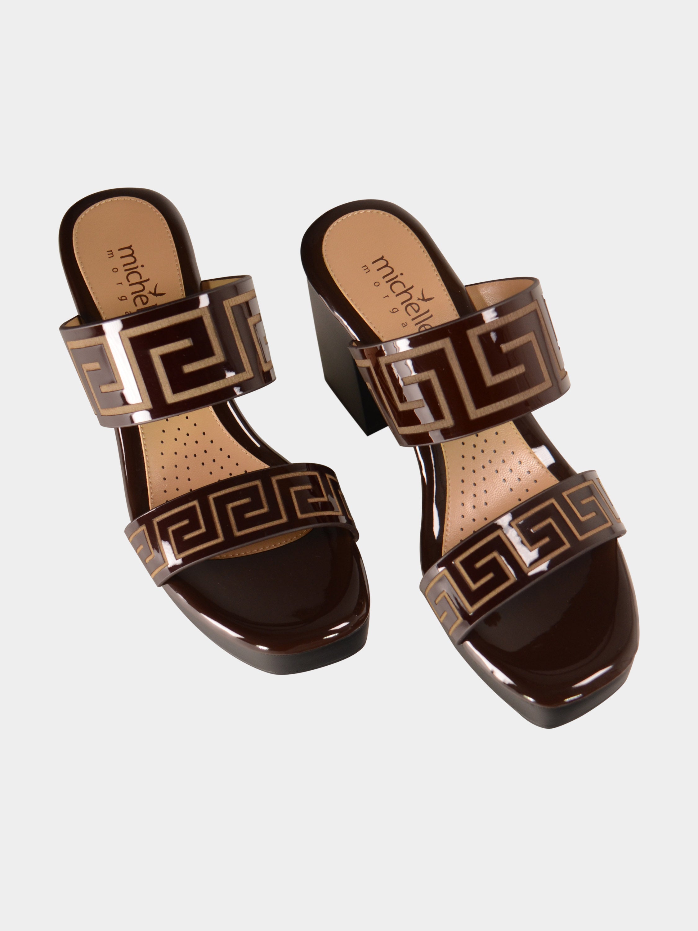 Michelle Morgan 780-1 Greek Key Heel Sandals #color_Brown