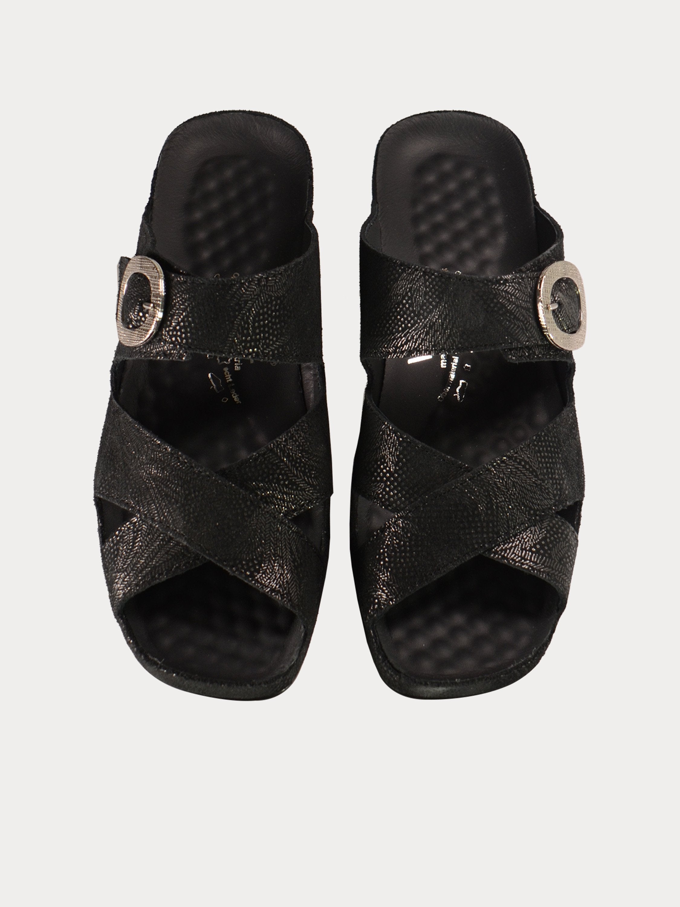 Vital Women's Buckle Strap Slider Leather Sandals #color_Black