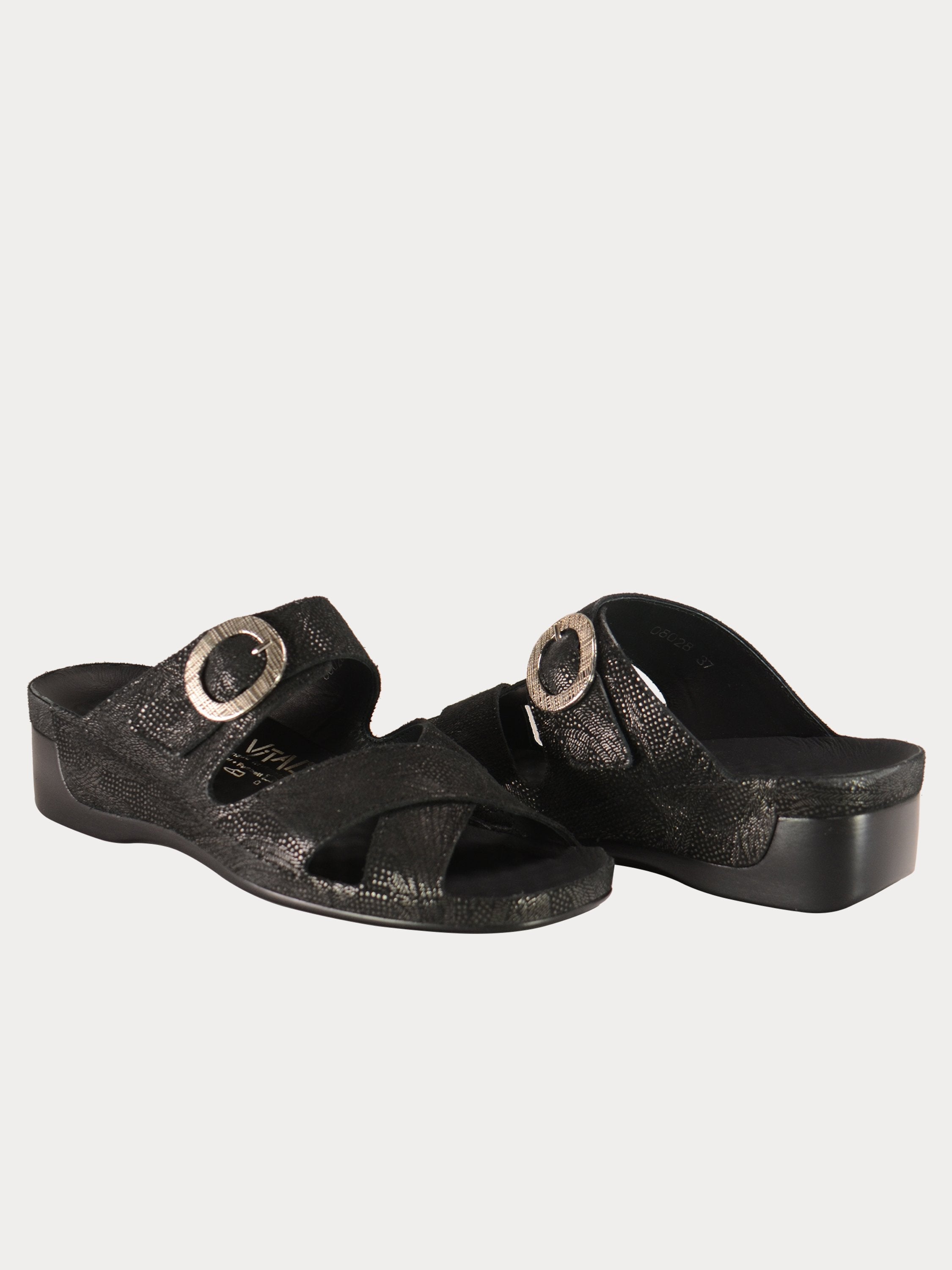 Vital Women's Buckle Strap Slider Leather Sandals #color_Black