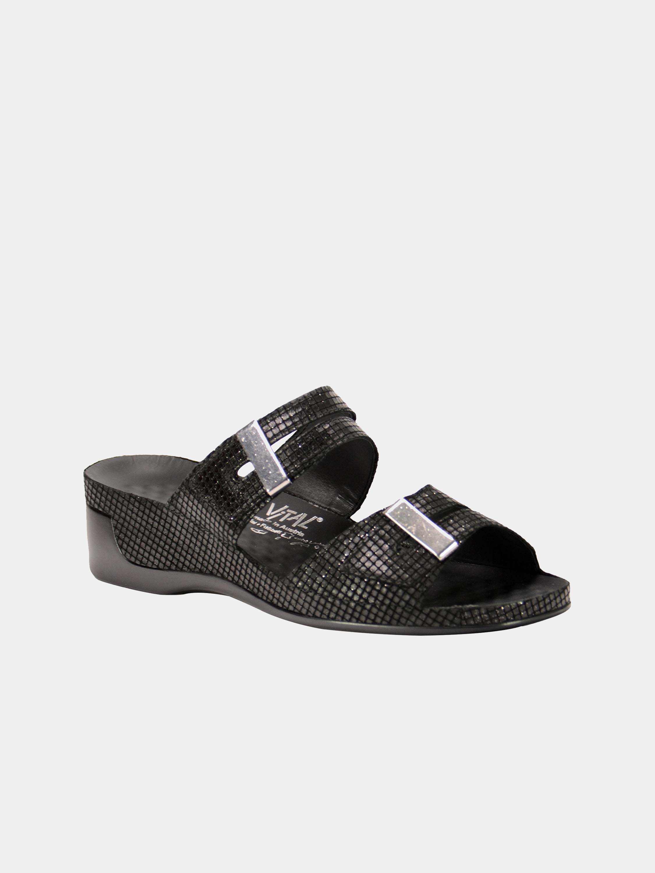 Vital Women's Grid Detailed Slider Leather Sandals #color_Black